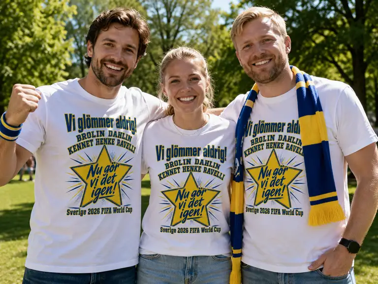Tre supportrar i Vi glömmer aldrig-tröjan från mytshirtdream