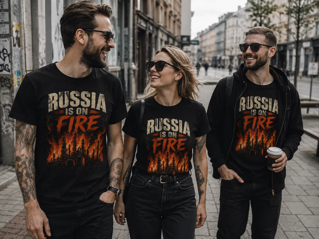 Three people wearing the black Russia Is on Fire T-shirt